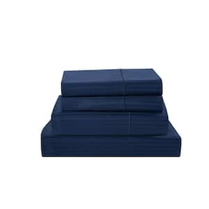 Damask Stripe 4-Piece Navy Cotton King Sheet Set