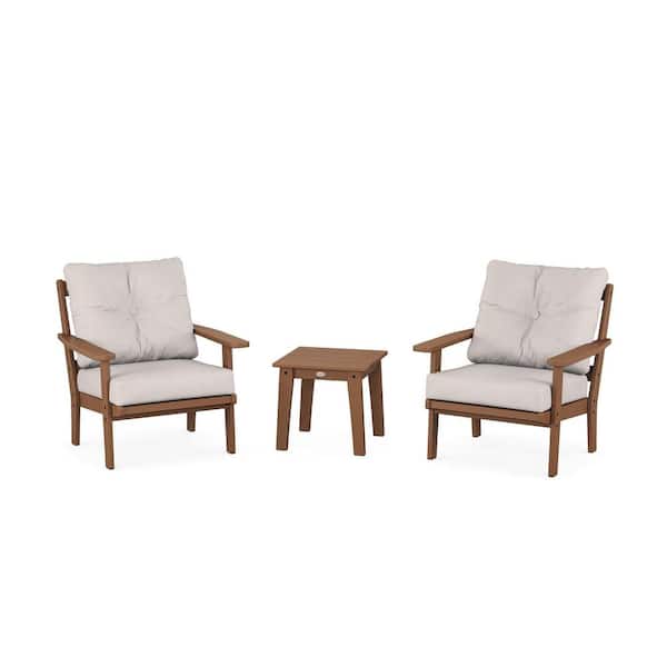 POLYWOOD Prairie 3-Pcs Plastic Patio Conversation Set in Teak/Dune Burlap Cushions