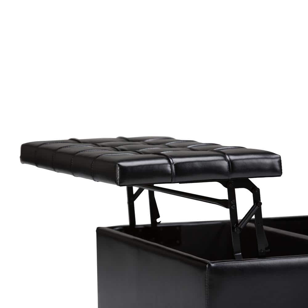 Midnight Black Tufted Faux Leather 36" Square Storage Ottoman