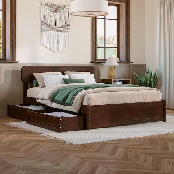 Capri Walnut Brown Solid Wood Frame Full Platform Bed with Panel Footboard and Storage Drawers