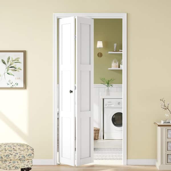 36 in. x 80 in. 3-Lite Solid Core Panel White Finished MDF Wood Bi-fold Door with Hardware