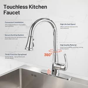 Touchless Single Handle Gooseneck Pull Down Sprayer Kitchen Faucet with Deckplate Included and Handles in Chrome