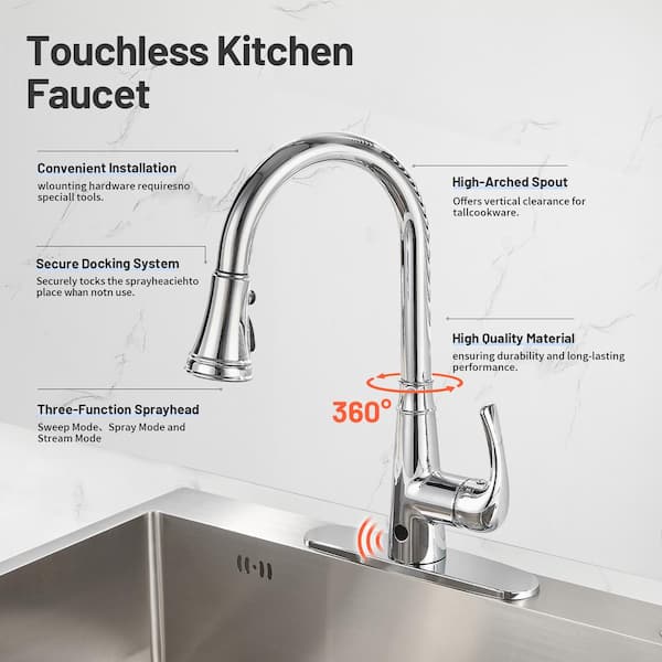 Touchless Single Handle Gooseneck Pull Down Sprayer Kitchen Faucet with Deckplate Pull Out Sink Faucet in Chrome