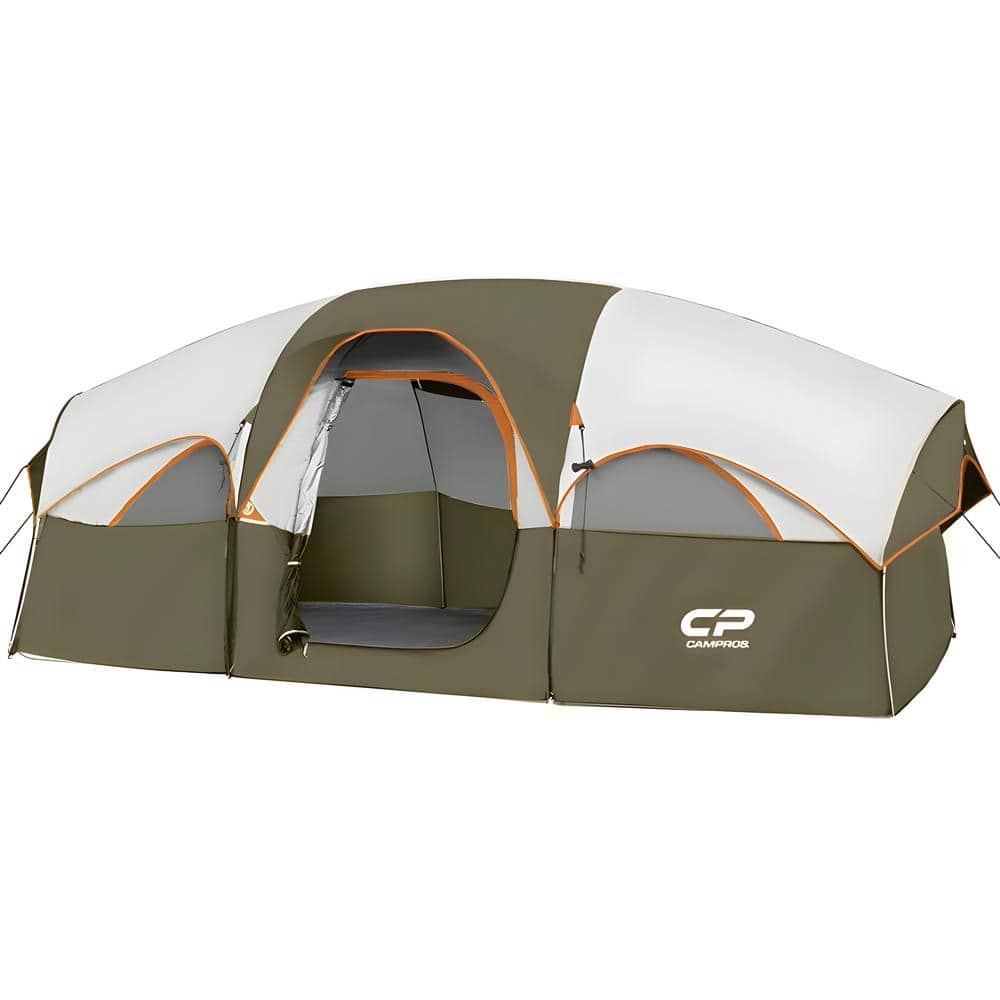 Olive 8-Person Camping Tents, Weather Resistant Family Tent, 5 Large Mesh W