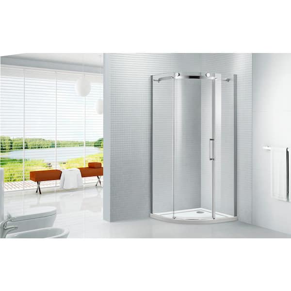 Amluxx Neo 38 in. x 76 in. Frameless Neo-Angle Sliding Shower Door in Chrome with 8 mm Clear Glass