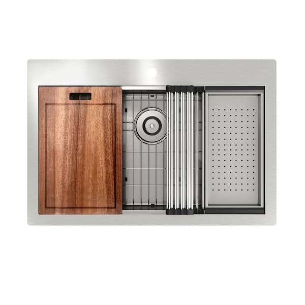 Dimakai 33 in. Drop-In Single Bowl Brushed Stainless Steel Kitchen Sink with Cutting Board, Rolling Drying Rack and Colander