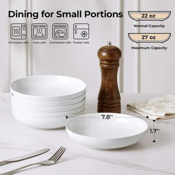 Set of 6 White Porcelain Pasta Bowls 22 Ounce Wide Shallow Dishes