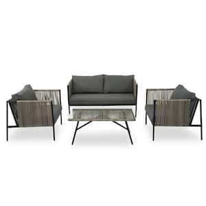 4-Piece Metal Outdoor Loveseat with Thick Cushions and Toughened Glass Table with Gray Cushions