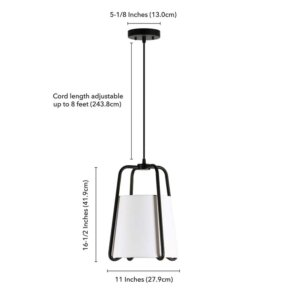 11" Blackened Bronze and White Fabric Drum Pendant Light