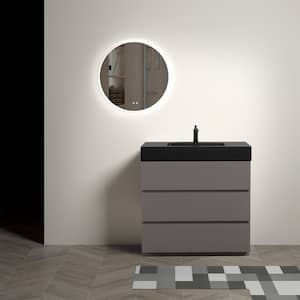 36 in. W Modern Freestanding Bathroom Vanity with 3 Drawers and Black Sink in Gray