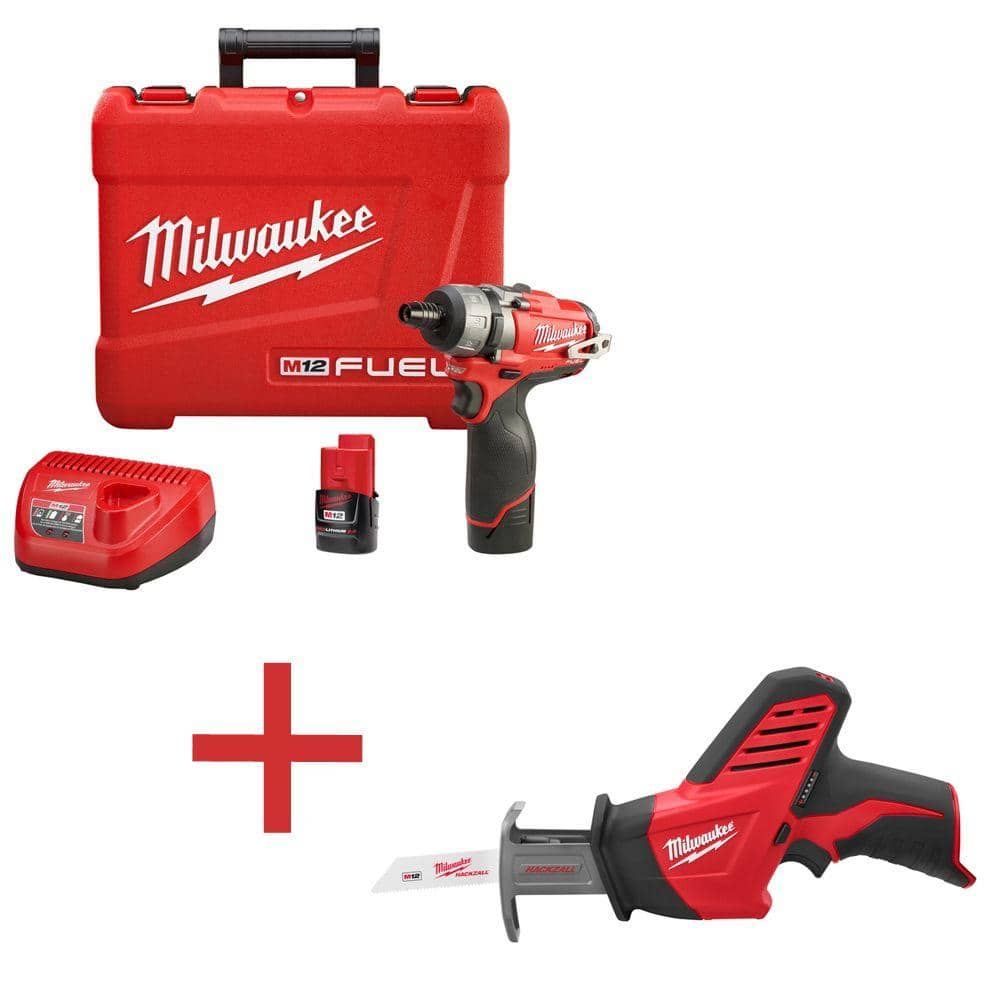 Milwaukee M12 FUEL 12-Volt Lithium-Ion 1/4 in. Hex Cordless Screwdriver Kit  with M12 HACKZALL Reciprocating Saw (Tool-Only) 2402-22-2420-20 The Home  Depot