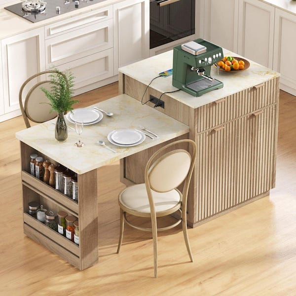 Nestfair Natural 82.6 in. Fluted Kitchen Island Storage Cabinet