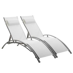 Metal Outdoor Patio Reclining Adjustable Chaise Lounge in White with Pillow (Set of 2)
