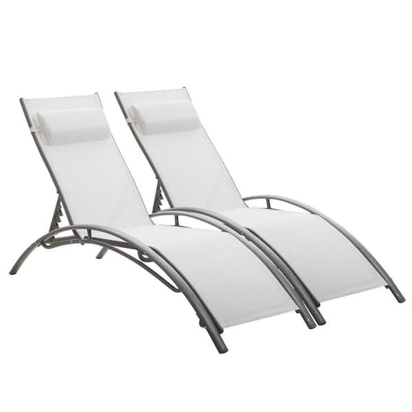 OVASTLKUY Metal Outdoor Patio Reclining Adjustable Chaise Lounge in White with Pillow (Set of 2)