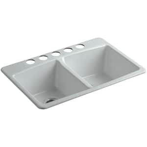 Brookfield Undermount Cast-Iron 33 in. 5-Hole Double Basin Kitchen Sink in Ice Grey