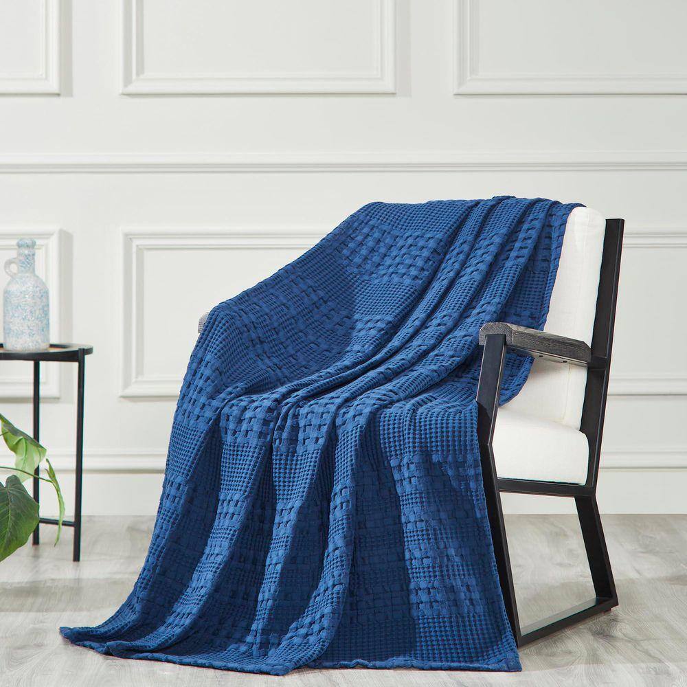 VHC Brands Waffle Weave Navy Blue Throw Decorative Cotton Blanket