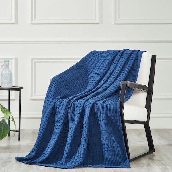Waffle Weave Navy Blue Throw Decorative Cotton Blanket
