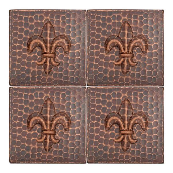 Premier Copper Products 4 in. x 4 in. Hammered Copper Fleur De Lis Decorative Wall Tile in Oil Rubbed Bronze (4-Pack)