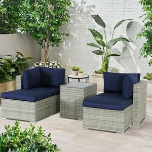 5-Piece Light Gray Rattan Wicker Patio Conversation Set with Dark Blue Cushions, Ottomans and Coffee Table