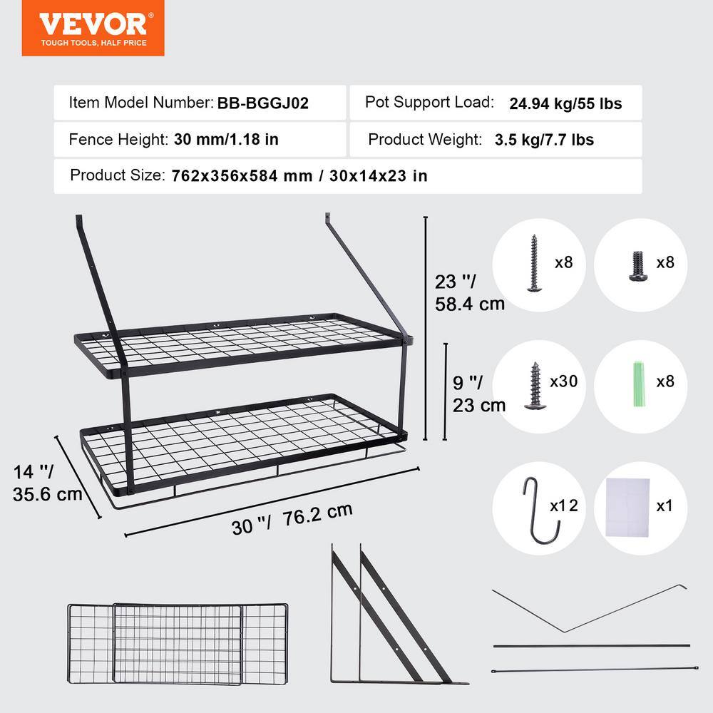 Black Metal Wall-Mounted Pot Rack with 12 Hooks