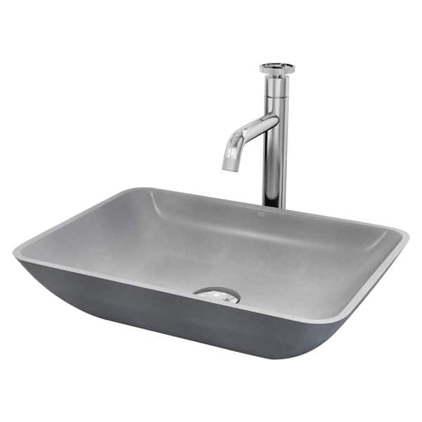 Dunn Gray Concreto Stone Rectangular Bathroom Sink with Vessel Faucet in Chrome and Pop-Up Drain in Chrome