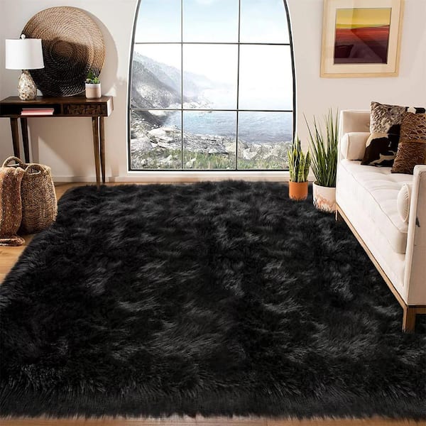 iliebe Sheepskin Faux Furry Black Fluffy Rugs 6 ft. 6 in. x 10 ft. Area Rug YMBRC6 610 The Home Depot