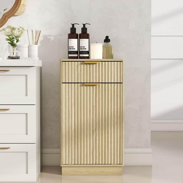 Great Brown Wood 34.3 in. Tilt-Out Trash Can Cabinet with Wave-Textured Drawer, Pull-Out Bin, Oak