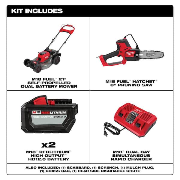 M18 FUEL Brushless Cordless 21 in. Dual Battery Self-Propelled Mower w/8 in. Pruning Saw, (2) 12.0Ah Battery, Charger