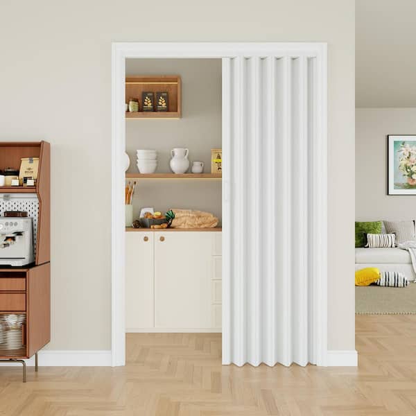 48 in. x 80 in. White Vinyl PVC Double Layer Accordion Door, Interior Folding Doors with Installation Hardware