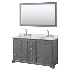 60 in. W x 22 in. D Vanity in Dark Gray with Marble Vanity Top in Carrara White with White Basins and 58 in. Mirror