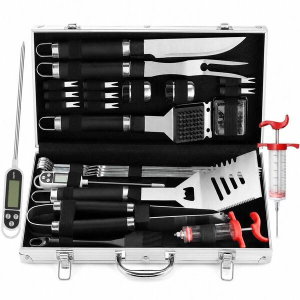 24-Piece BBQ Grill Tools Set with Meat Thermometer & Injector, Extra Thick Stainless Steel Fork, Spatula & Tongs, Black