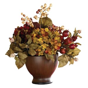 12 in. Silk Autumn Hydrangea Arrangement with Wood Vase