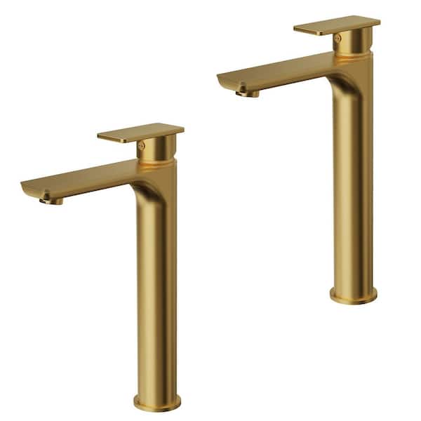 12 in. Faucet Height 1-Handle Single Hole Bathroom Vessel Sink Faucet in Brushed Gold with Pop-Up Drain (2-Pack)