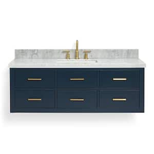 Hutton 55 in. W x 22 in. D x 19.6 in. H Bath Vanity in Midnight Blue with Carrara White Marble Top