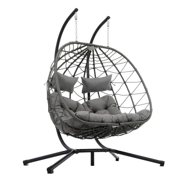 Zeus & Ruta 2-Person Metal Patio Swing Egg Chair with Stand and Gray ...