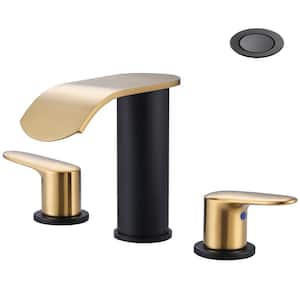 Waterfall 8 in. Widespread Double Handle Bathroom Faucet with Pop-up Drain in Black and Gold