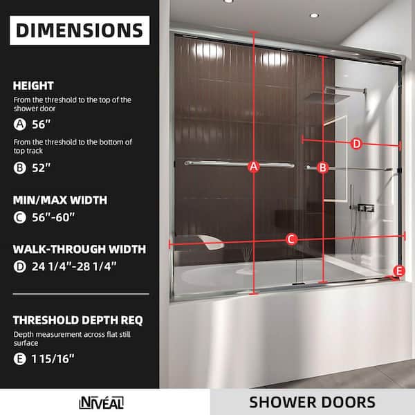 Victory 56 in. W x 60 in. H Sliding Semi-Frameless Tub Door in Silver Finish with Clear Glass