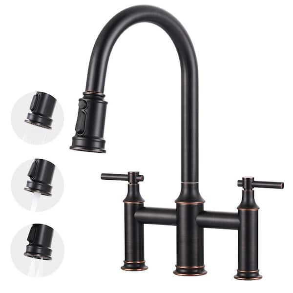 17.4 in. Double Handle Pull Out Sprayer Kitchen 3 Hole with 360° Spout Swivel in Oil Rubbed Bronze