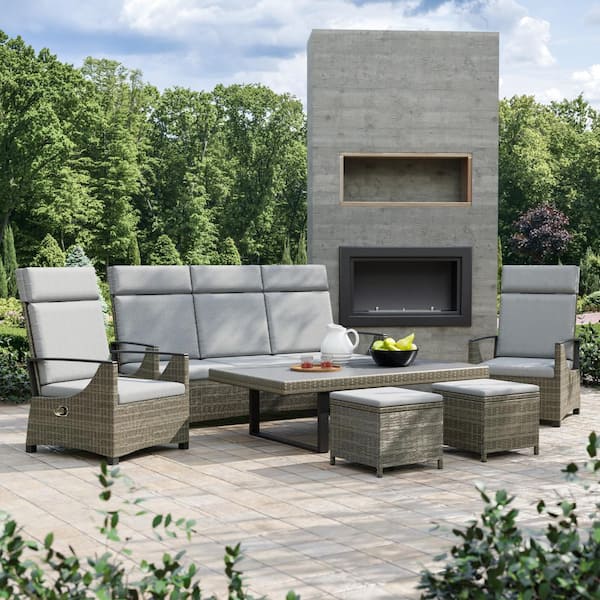 GREEMOTION Antigua Gray 6-Piece Wicker Patio Conversation Set With Gray Cushions and Height Adjustable Table