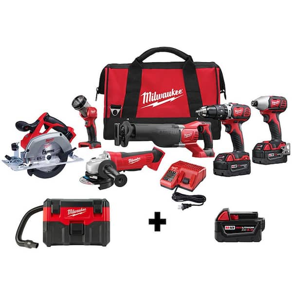 Milwaukee M18 18V Lithium-Ion Cordless Combo Tool Kit (6-Tool) w/ Wet/Dry Vacuum and Additional 5.0Ah Battery