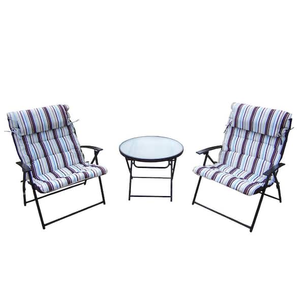 Unbranded Foldable 3-Piece Metal Outdoor Bistro Set with Striped Cushions