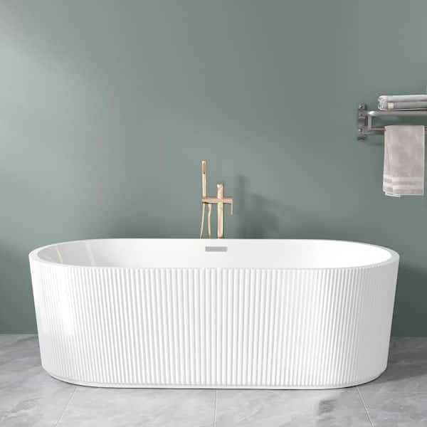 59 in. x 30 in. Acrylic Freestanding Soaking Bathtub in Glossy White with Toe-Tap Chrome Center Drain, CUPC Certified