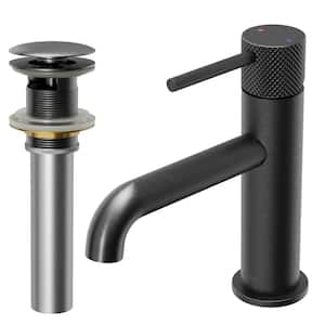 Tryst Single-Handle Single-Hole Basin Bathroom Faucet with Matching Pop-Up Drain in Gunmetal Grey