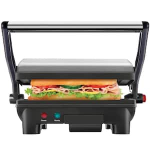 8 in. Black Electric Panini Press Grill and Gourmet Sandwich Maker with Non-Stick Coated Plates, Opens 180 Degrees