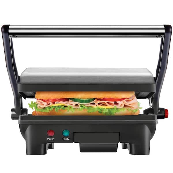 Chefman 8 in. Black Electric Panini Press Grill and Gourmet Sandwich Maker with Non-Stick Coated Plates, Opens 180 Degrees