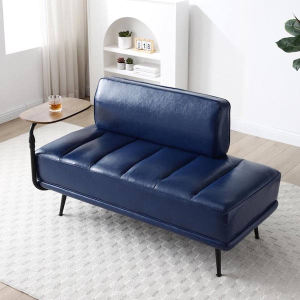 55 in Modern Blue Faux Leather Upholstered Sofa Couch with 360-Degree Swivel Tray and Metal Legs for Bedroom,Living Room