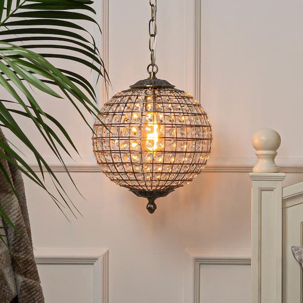 ALOA DECOR 12 in. 1-Light Retro Antique Gold Crystal Globe Chandelier Small Sphere Pendant Light