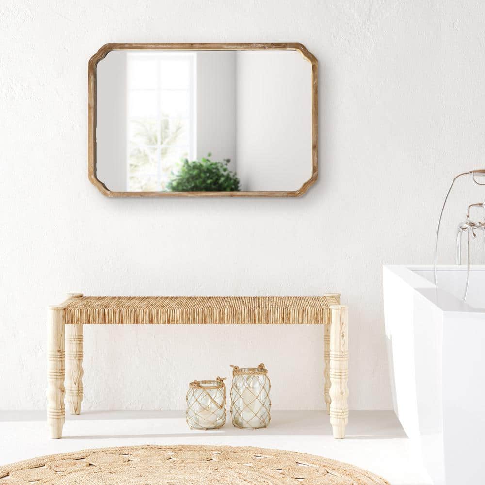 Rustic Brown Rectangular Wood Wall Mirror with Scalloped Corners