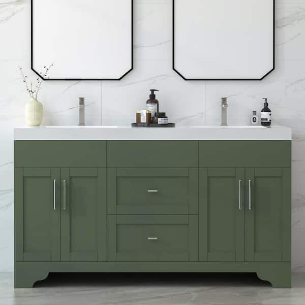 HOMEVY STUDIO Agnea 60 in. W x 21 in. D x 35 in. H Double Sink Freestanding Bath Vanity in Forest Green with White Quartz Top