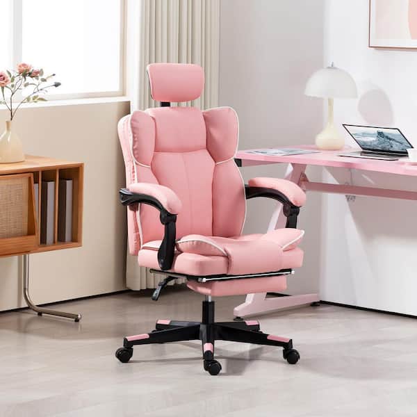 Executive Faux Leather Office Chair with Headrest, Foot Rest, High Back Desk Chair, Executive Chairs in Pink